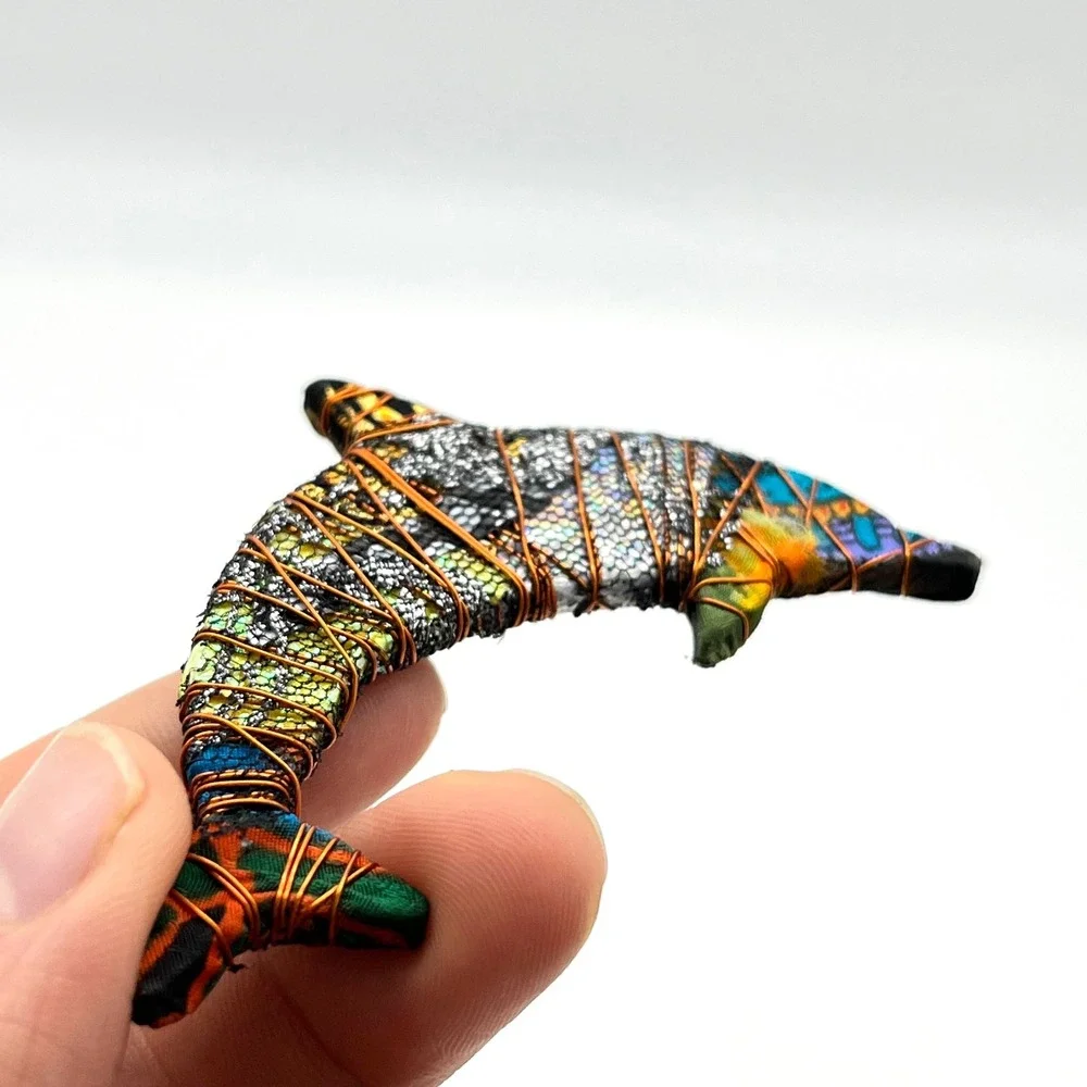 Unique Bent Nicks Handmade Dolphin Brooch Pin Colorful Fabric & Wire Art Jewelry
